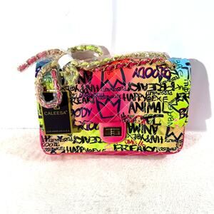Caleesa Graffiti Quilted Chain Shoulder Bag Vegan Leather NWT Colorful Purse